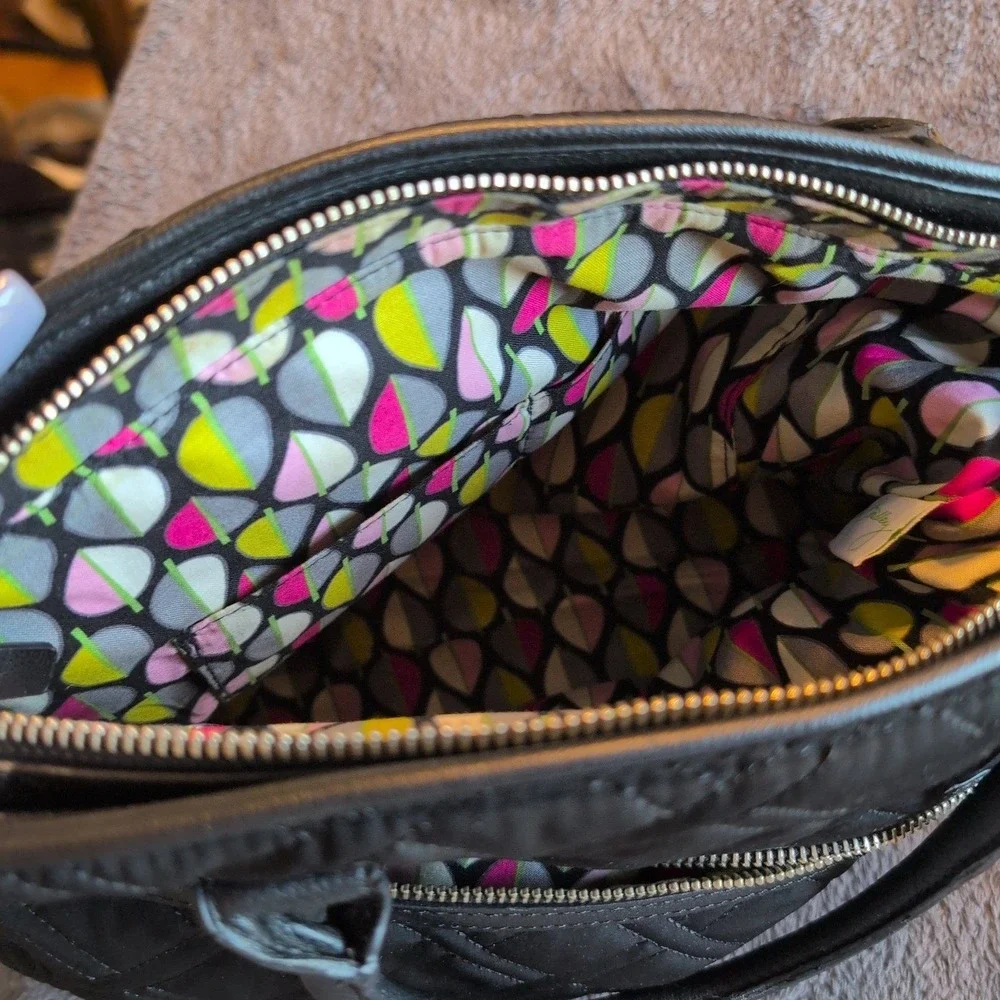 Vera Bradley Black Quilted Microfiber Satchel Handbag with Faux Leather Trim